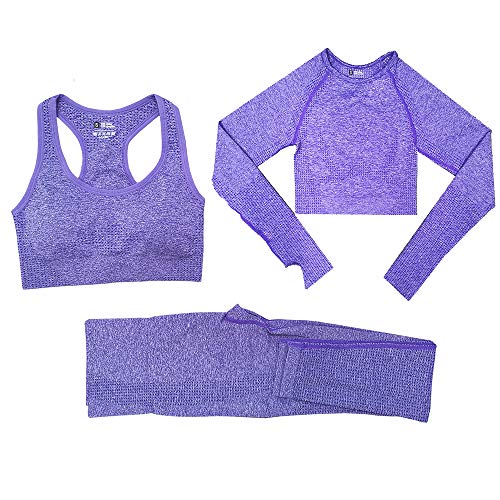 Conjunto Yoga 3 Piezas Ropa Fitness , Pantalones De Yoga Súper Elásticos Sin Costuras+Bralette Para Mujer+Camiseta Deportiva De Manga Larga Sin Costuras Mujer Morado ( L
