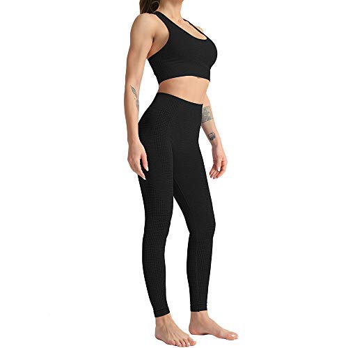 Conjunto Yoga 3 Piezas Ropa Fitness , Pantalones De Yoga Súper Elásticos Sin Costuras+Bralette Para Mujer+Camiseta Deportiva De Manga Larga Sin Costuras Mujer Negro ( S