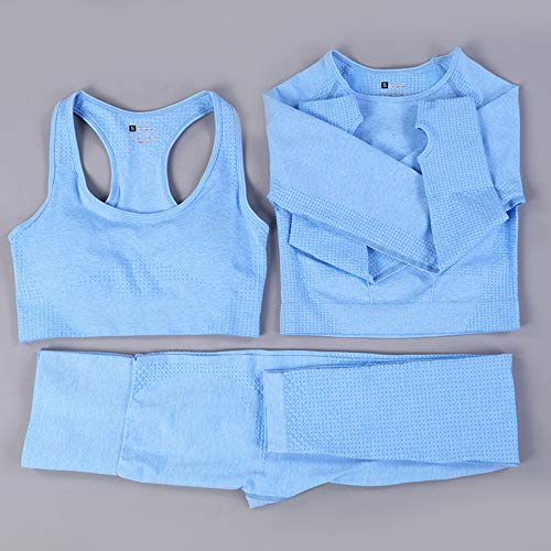 Conjunto Yoga 3 Piezas Ropa Fitness , Pantalones De Yoga Súper Elásticos Sin Costuras+Bralette Para Mujer+Camiseta Deportiva De Manga Larga Sin Costuras Mujer Azul L