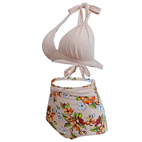 Conjuntos de Bikinis para Mujer, Traje de BañO para Mujer de Dos Piezas, Traje de BañO Control de Barriga Fruncido Conjunto de Tankini con Cuello Halter Retro para Mujer,H,M