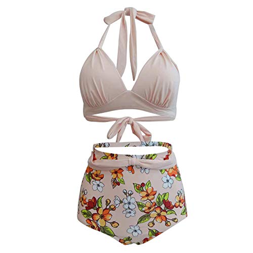 Conjuntos de Bikinis para Mujer, Traje de BañO para Mujer de Dos Piezas, Traje de BañO Control de Barriga Fruncido Conjunto de Tankini con Cuello Halter Retro para Mujer,H,M