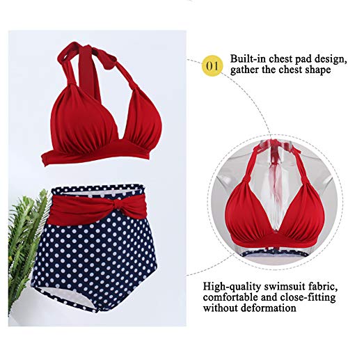 Conjuntos de Bikinis para Mujer, Traje de BañO para Mujer de Dos Piezas, Traje de BañO Control de Barriga Fruncido Conjunto de Tankini con Cuello Halter Retro para Mujer,H,M