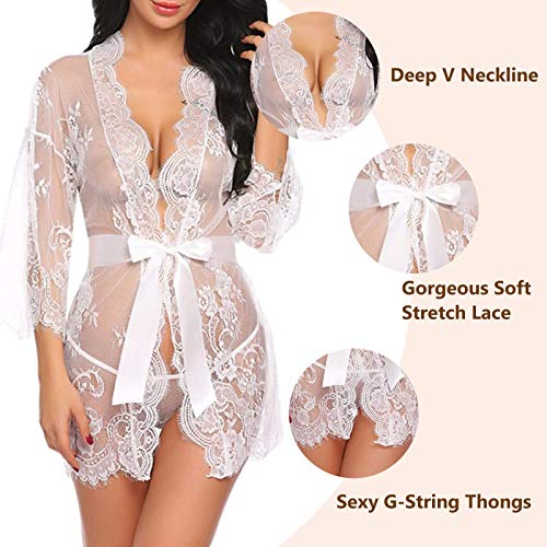 Conjuntos de lencería para Mujer Transparente Ropa de Dormir con Tanga Lenceria Erotica Babydoll Ropa Interior (M, Blanco)