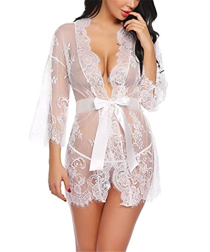 Conjuntos de lencería para Mujer Transparente Ropa de Dormir con Tanga Lenceria Erotica Babydoll Ropa Interior (M, Blanco)