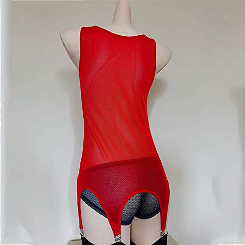 CONSUNDYTT Body de Malla Transparente con Liguero de 6 Correas, lencería de Noche Sexy Body Liguero para Medias hasta el Muslo,Rojo,L