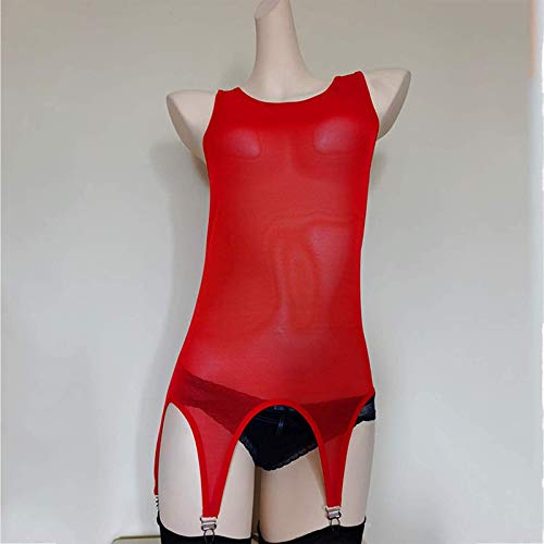 CONSUNDYTT Body de Malla Transparente con Liguero de 6 Correas, lencería de Noche Sexy Body Liguero para Medias hasta el Muslo,Rojo,L