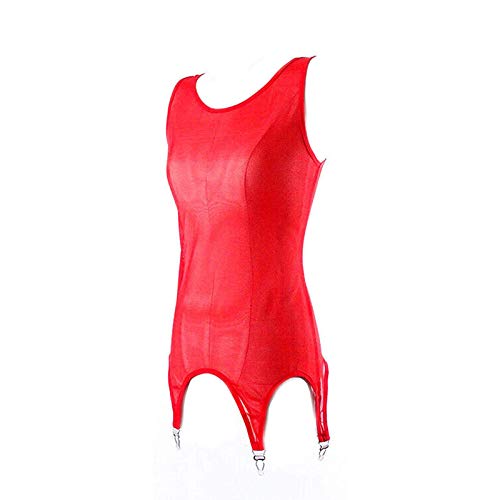 CONSUNDYTT Body de Malla Transparente con Liguero de 6 Correas, lencería de Noche Sexy Body Liguero para Medias hasta el Muslo,Rojo,L