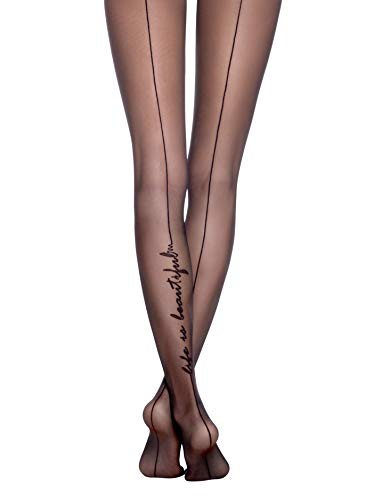 Conte® - Medias para mujer, color negro, fantasía con rayas traseras y texto «Beauty 20 Den, medias de mujer con texto Negro S