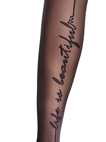 Conte® - Medias para mujer, color negro, fantasía con rayas traseras y texto «Beauty 20 Den, medias de mujer con texto Negro S