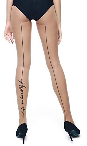 Conte® - Medias para mujer, color negro, fantasía con rayas traseras y texto «Beauty 20 Den, medias de mujer con texto Negro S