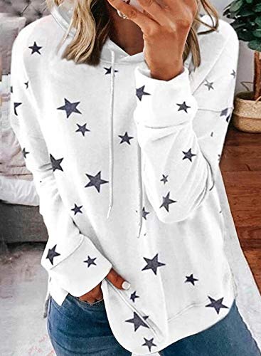 CORAFRITZ Las mujeres de moda sudaderas con estampado de estrellas de manga larga jersey suelto dividido lateral camisa con cordón sudadera con capucha para mujer manga larga camiseta