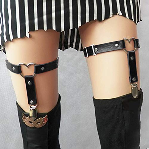 Corazon gótico Anillo de la Pierna,Comius Sharp 2 PCS Ajustable Elástica Pierna Arnés Cinturón Punk Gótico,de piel sintética con en forma de corazón para, Suspender con Clips de Metal - Negro
