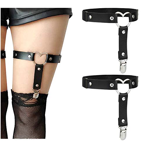 Corazon gótico Anillo de la Pierna,Comius Sharp 2 PCS Ajustable Elástica Pierna Arnés Cinturón Punk Gótico,de piel sintética con en forma de corazón para, Suspender con Clips de Metal - Negro