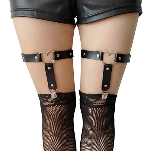 Corazon gótico Anillo de la Pierna,Comius Sharp 2 PCS Ajustable Elástica Pierna Arnés Cinturón Punk Gótico,de piel sintética con en forma de corazón para, Suspender con Clips de Metal - Negro