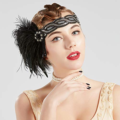 Coucoland Diadema de los años 20 para mujer, estilo años 20, charlestón, Great Gatsby, accesorio para disfraz negro/plateado Talla única
