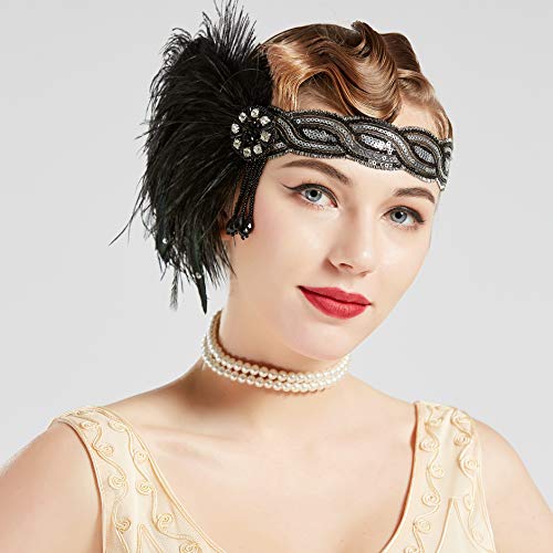 Coucoland Diadema de los años 20 para mujer, estilo años 20, charlestón, Great Gatsby, accesorio para disfraz negro/plateado Talla única