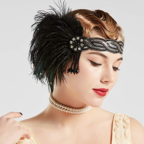 Coucoland Diadema de los años 20 para mujer, estilo años 20, charlestón, Great Gatsby, accesorio para disfraz negro/plateado Talla única