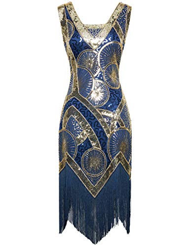 Coucoland Vestido de mujer estilo vintage Art Deco de los años 20 con cuello en V y cuentas con flecos.