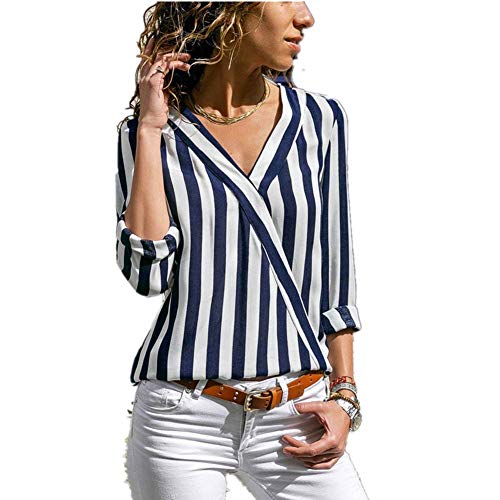 Course Camiseta Raya Mujer Manga Larga Casual Blusa Suelto para Oficina Shirt Verano Playa y Fiesta Top Verano Mujer Camisa Azul