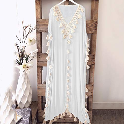 COZOCO Nueva Bohemia Verano Falda Playa Suelta Cintura Vestido Nacional Viento Verano PAI Playa Borla（Blanco，S）