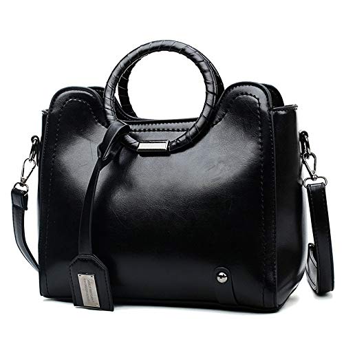 CRCOG Bolso de Las Mujeres Europeas y Americanas Nueva Bolsa de Piel de Aceite Anillo Retro señoras Grandes del Bolso del Mensajero del Hombro CRCOG (Color : Black, Size : 26X24X12CM)