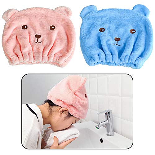 Creativee Toalla de microfibra absorbente de agua para el cabello, linda gorra turbante de cabello seco, gorro de baño de secado rápido para mujeres, adultos o niños niñas (paquete de 2)