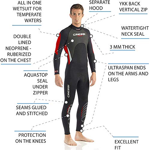 Cressi Morea Man Monopiece Wetsuit 3mm Traje de Buceo Neopreno para los Hombres, Negro/Rojo/Plata, S/2