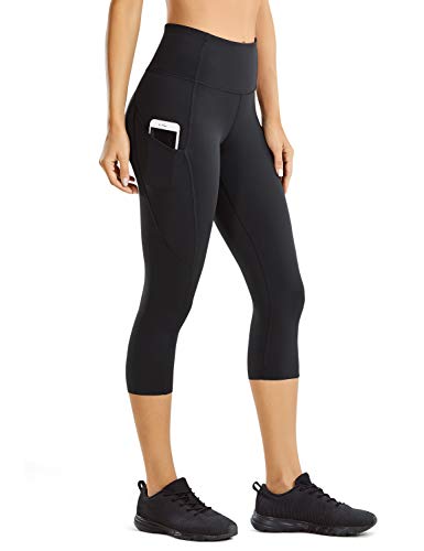CRZ YOGA Mujer Cintura Alta Leggings Deportivas Fitness Running Pantalones Capri con Bolsillos -48cm Negro -R432 38