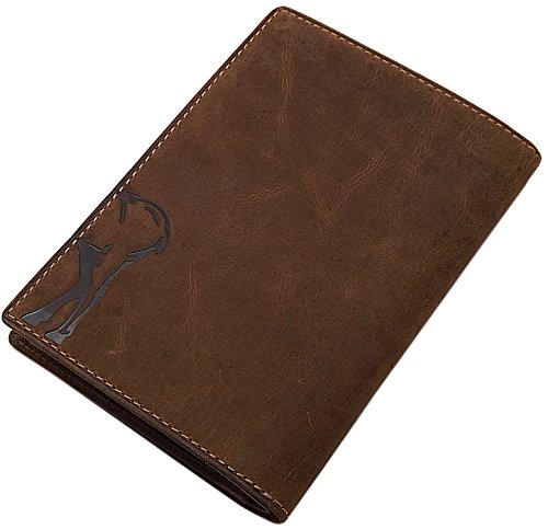 Cuero de búfalo Tarjetero para documento de Identidad con Ciervo-, jabalí-, o Pescado Motivo en marrón (Ciervo Motivo)