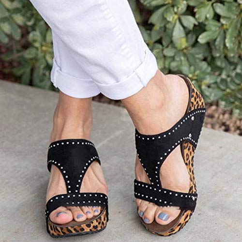 Cuñas De Estampado De Leopardo De Las Mujeres Tacones Altos Moda De Verano Zapatos De Boca De Pescado De Playa Sandalias De Plataforma De Punta Abierta Informal Tamaño Grande 35-42