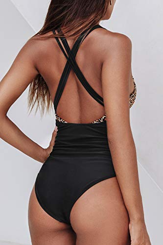 CUPSHE Bañador para Mujer Negro Blanco Guinga Fruncido Traje de Baño de Una Pieza, XL