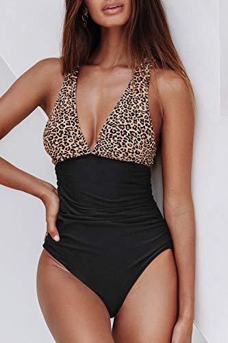 CUPSHE Bañador para Mujer Negro Blanco Guinga Fruncido Traje de Baño de Una Pieza, XL