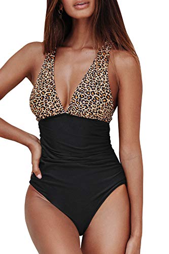 CUPSHE Bañador para Mujer Negro Blanco Guinga Fruncido Traje de Baño de Una Pieza, XL