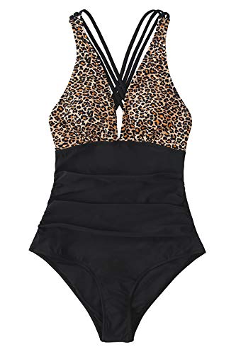 CUPSHE Bañador para Mujer Negro Blanco Guinga Fruncido Traje de Baño de Una Pieza, XL