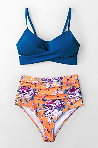CUPSHE Conjunto de Bikini Bandeau Push Up Estampado Floral Traje de Baño de Dos Piezas,Azul-Naranja,S