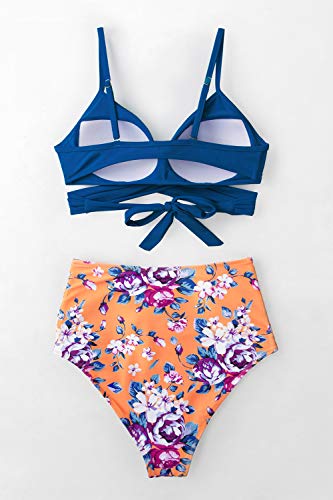 CUPSHE Conjunto de Bikini Bandeau Push Up Estampado Floral Traje de Baño de Dos Piezas,Azul-Naranja,S