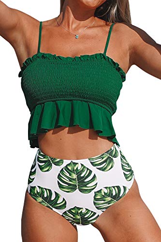 CUPSHE Mujer Bikinis Tejido Tipo Nido de Abeja Traje de baño de Dos Piezas Verde XXL