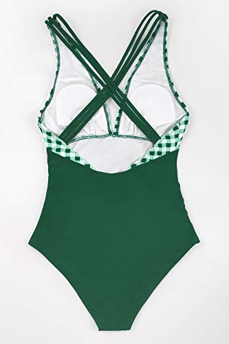 CUPSHE Mujer Traje de Baño a Cuadros Bañador Escote en V Traje de Baño Una Pieza Verde L