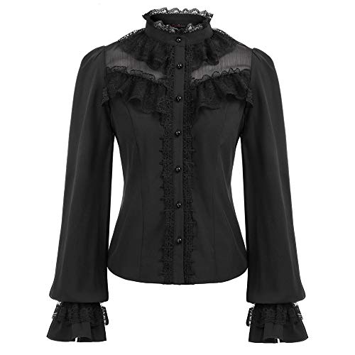 Curlbiuty Camisa Vintage Camisetas Elegantes para Mujer En Encaje GóTico Camisa Larga GóTica Renacentista Negro 2XL CU43-1