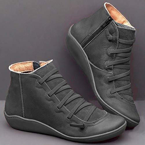 Cutogain Mujer Otoño Casual Cuero de PU Botines con Cordones Botas de tacón Plano Zapatos Estilo británico