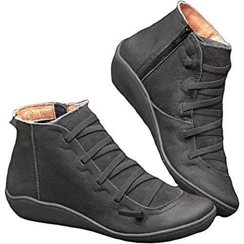 Cutogain Mujer Otoño Casual Cuero de PU Botines con Cordones Botas de tacón Plano Zapatos Estilo británico