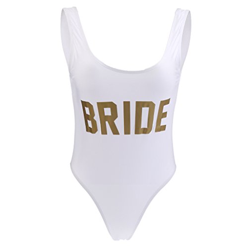 D DOLITY 1x Monokini Traje de Baño Playa Mujeres Letras Dorado Impreso Bañador Suave Tacto - L, Blanco