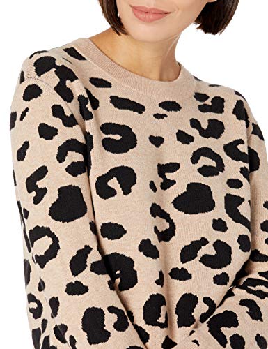 Daily Ritual Jersey de Cuello Redondo de Jacquard ultrasuave Pullover-Sweaters, Estampado de Leopardo Camel, L