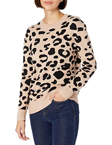 Daily Ritual Jersey de Cuello Redondo de Jacquard ultrasuave Pullover-Sweaters, Estampado de Leopardo Camel, L