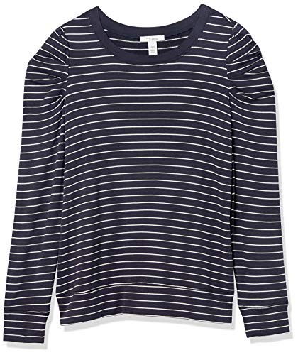 Daily Ritual Sudadera de Manga Plisada de Felpa Supersuave Fashion-Sweatshirts, Azul Marino, Raya Blanca, M