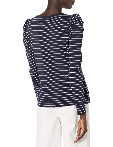 Daily Ritual Sudadera de Manga Plisada de Felpa Supersuave Fashion-Sweatshirts, Azul Marino, Raya Blanca, M