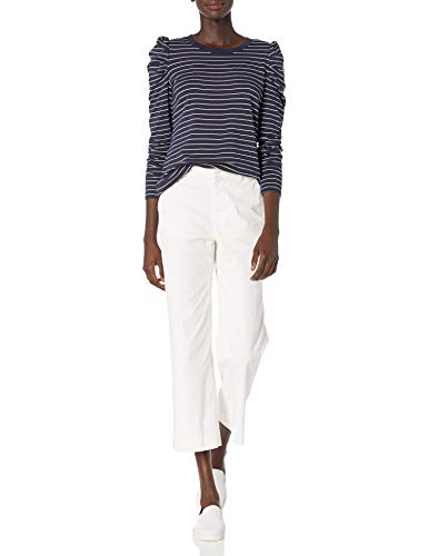 Daily Ritual Sudadera de Manga Plisada de Felpa Supersuave Fashion-Sweatshirts, Azul Marino, Raya Blanca, M