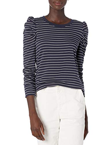 Daily Ritual Sudadera de Manga Plisada de Felpa Supersuave Fashion-Sweatshirts, Azul Marino, Raya Blanca, M