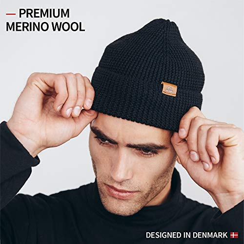 DANISH ENDURANCE Gorro Beanie de Lana Merina para Hombre y Mujer, Suave y Elástico, con Materiales Reciclados (Negro)