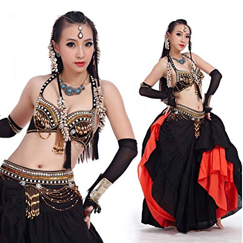 Danza del Vientre Traje Árabe Traje Tribal De Poliéster Cinturón Tribal Sujetador Ropa Femenina Desempeño Nacional (Color : Black Gold, Size : M)